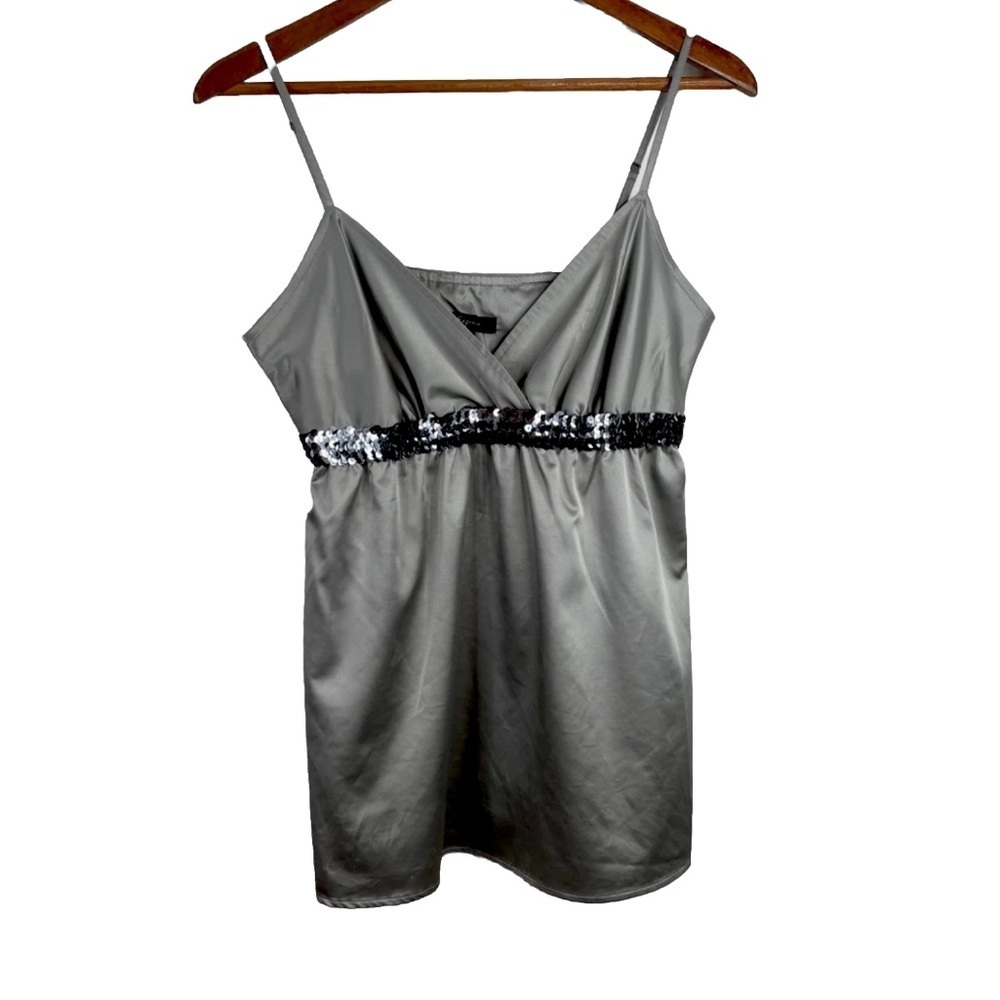 VTG Y2K Express Babydoll Tank M Silver Sequin 90s Fairy Whimsigoth Cami Glam